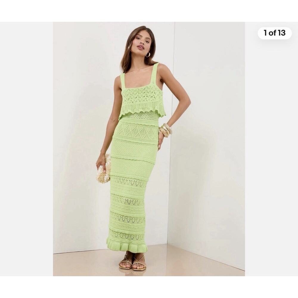 Saltwater Luxe Lime Green Knit Crochet Midi Dress Size Small NWT